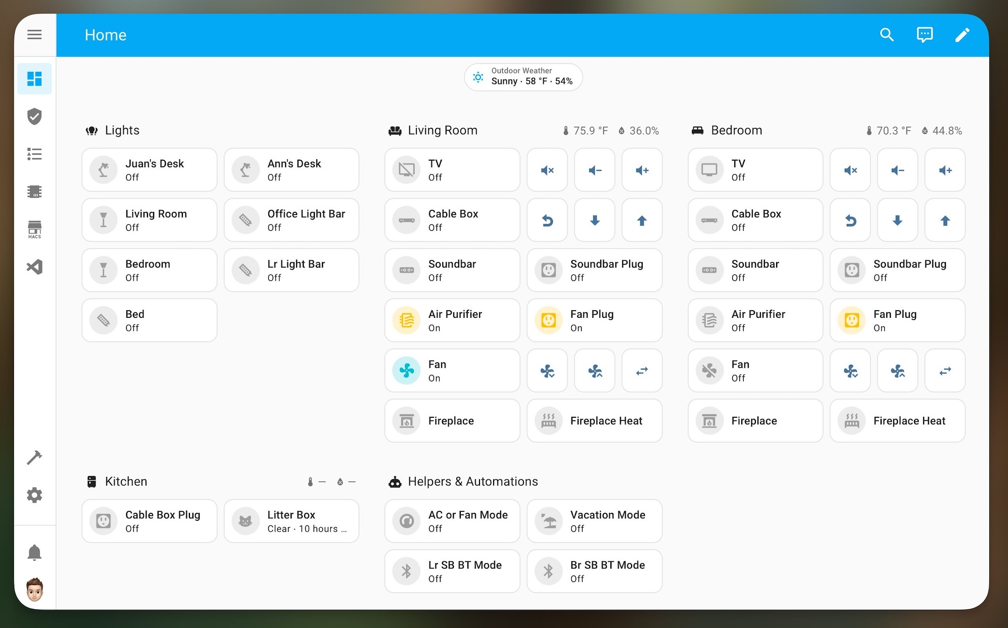 снимок экрана веб-панели Home Assistant, показывающий все устройства умного дома в доме человека, включая освещение, устройства в гостиной, датчики погоды/влажности и другие датчики.