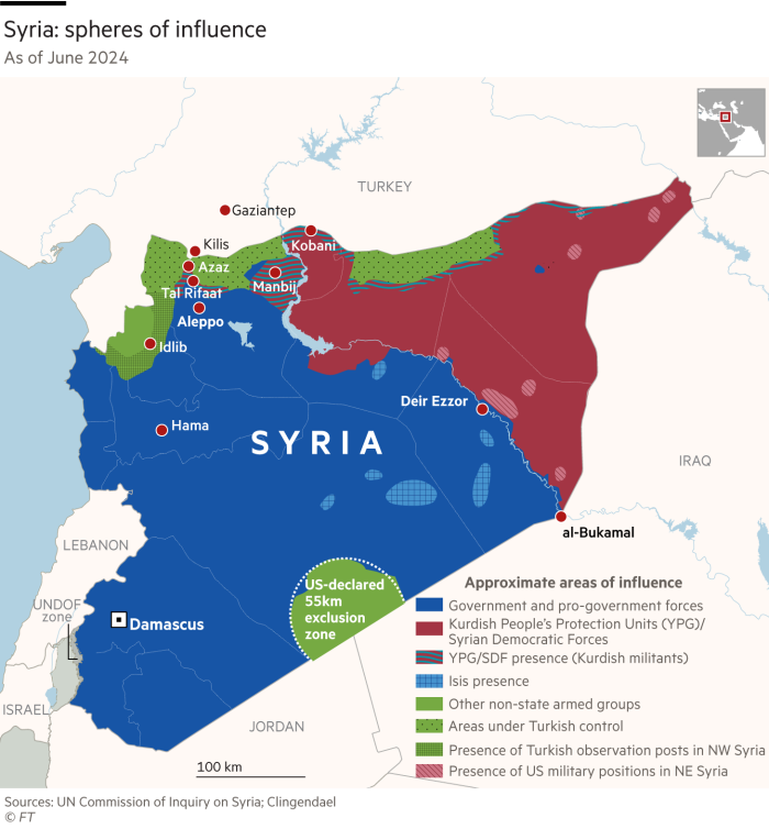 Карта, показывающая сферы влияния в Сирии по состоянию на июнь 2024 года.