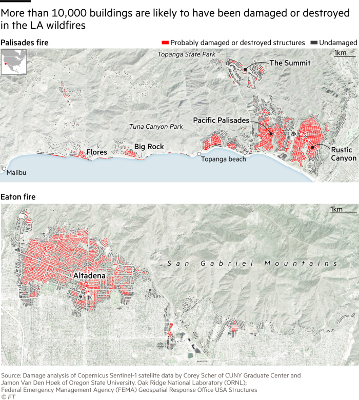 Более 10 000 зданий, вероятно, были повреждены или разрушены в результате пожаров в Лос-Анджелесе. Карты, показывающие ущерб зданиям от пожаров в Палисейдс и Итон