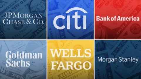 Монтаж логотипов JPMorgan, Citi, Bank of America, Morgan Stanley, Wells Fargo и Goldman Sachs