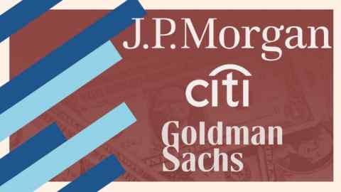 Логотипы JP Morgan, Citi и Goldman Sachs на фоне доллара США и диаграмме