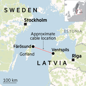 Карта-локатор, показывающая приблизительное расположение кабеля между Фаросундом на острове Готланд, Швеция, и Вентспилсом в Латвии.