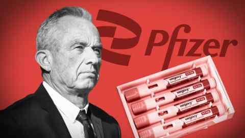 Монтаж Роберта Ф. Кеннеди -младшего с логотипом Pfizer и Wegovy Pens на заднем плане