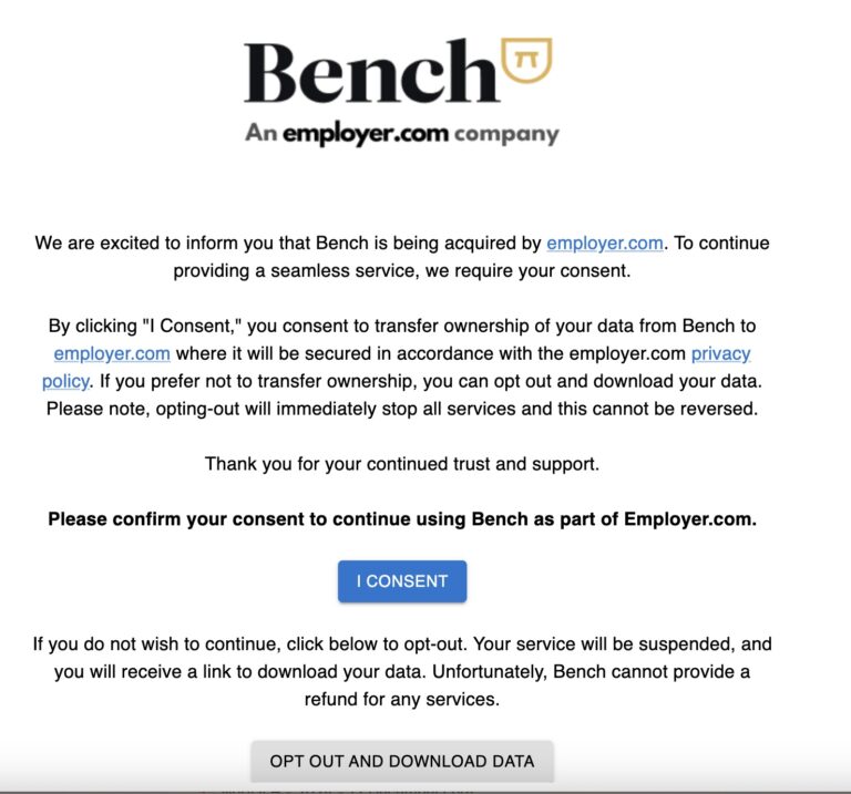 По их словам, клиенты Bench теперь вынуждены передавать свои данные или рискуют их потерять.