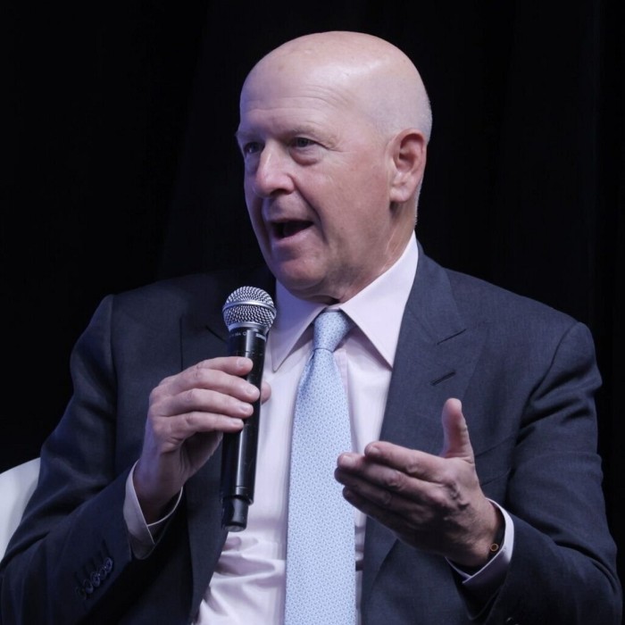Дэвид Соломон из Goldman держит микрофон во время разговора