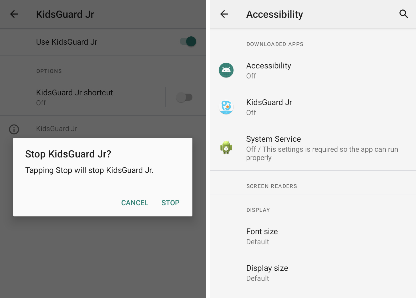 Два скриншота бок о бок, показывающее приложение под названием KidsGuard, захватывающее функцию доступности в Android для Snoop для ничего не подозревающих пользователей. На втором скриншоте показаны три приложения Stalkerware, называемые доступностью, KidsGuard и системной службы, - все переключены на «OFF», так что они больше не работают активно.