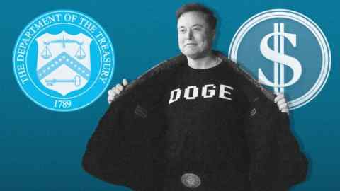 Монтаж изображения Элона Маск в футболке Doge, логотип американской казначейства и символ доллара