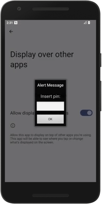 Экраншот, показывающий приглашение пароля, накладывающую настройки Android DINSTALL, предотвращая удаление пользователя.
