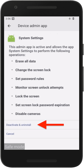 Экранный скриншот Android, показывающий шпионское программное обеспечение, называемое «Настройки системы» в качестве установленного приложения администратора устройства, с красной стрелкой, указывающей на "деактивировать и удалить" кнопка.