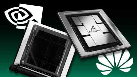 Montage of the Nvidia Blackwell Chip Gpu, процессор ASCEND ASEND'S ASCEND и логотипы обеих компаний
