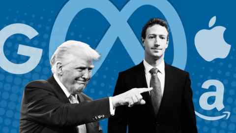Монтаж FT, показывающий Дональда Трампа и Марка Цукерберга с логотипами Amazon, Google, Apple и Meta на заднем плане