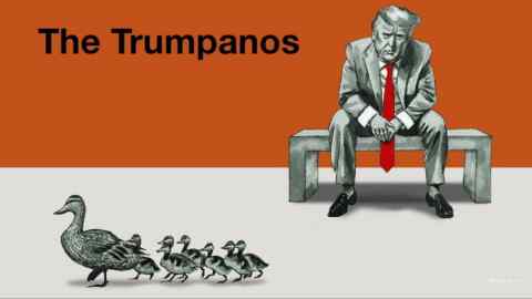 Джеймс Фергюсон иллюстрация Трампа, сидящего на скамейке в роли Тони Сопрано, с его утками и названием фильма над головой Трампанос.