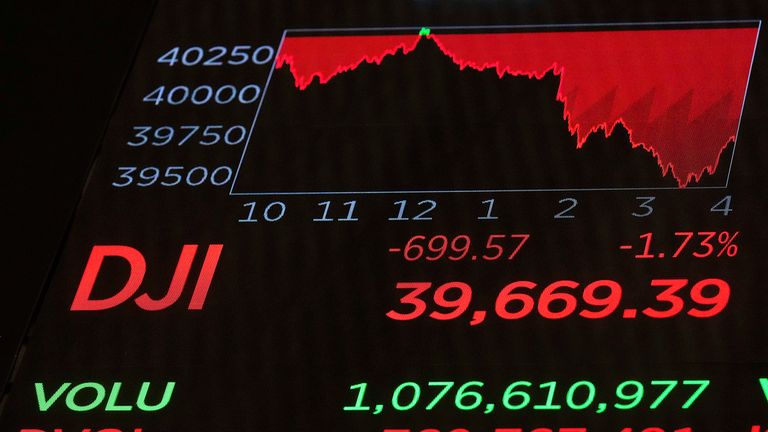 Правление над торговым этажом Нью -Йоркской фондовой биржи показывает закрытие для промышленного среднего среднего показателя Dow Jones в среду, 16 апреля 2025 года. (AP Photo/Richard Drew)