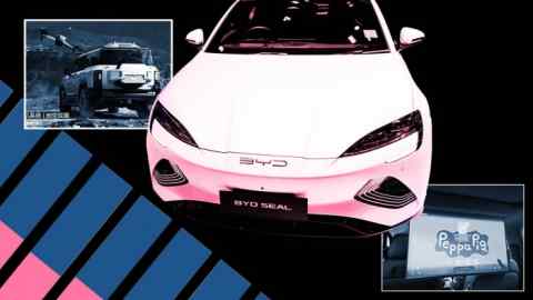 Автомобиль BYD с вставкой, показывающей беспилотник, запускаемый из другого автомобиля. Вторая вставка показывает экран с изображением свиньи Пеппа
