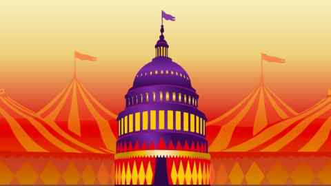 Иллюстрация здания Капитолия США с цирковыми палатками с большими вершинами с обеих сторон