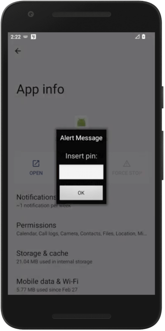 Экраншот, показывающий приглашение пароля, накладывающую настройки Android DINSTALL, предотвращая удаление пользователя.