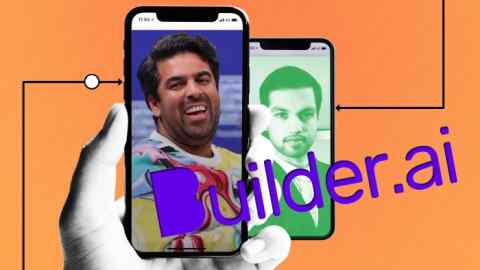 Montage of Builder.ai логотип, телефоны и Sachin Dev Duggal