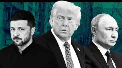Монтаж, показывающий Volodymyr Zelenskyy, Дональд Трамп и Владимир Путин