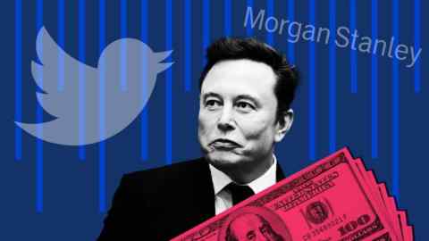 Элон Маск, логотип Twitter, доллары США и логотип Morgan Stanley