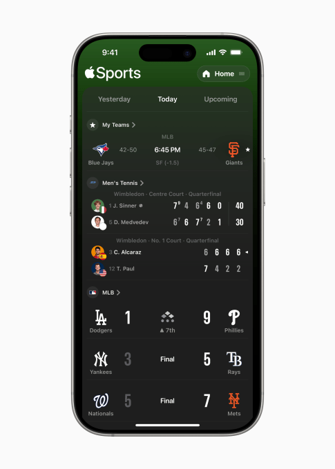 Приложение Apple Sports добавляет живые теннисные результаты и переработанный домашний экран