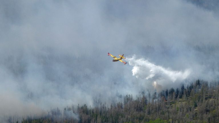 Водяной бомбардировщик бросает груз на провинциальный провинциальный лесной пожар в Манитобе. PIC: Правительство Манитобы