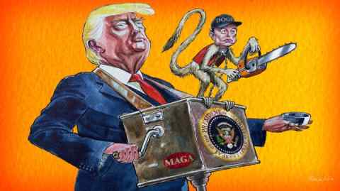 Иллюстрация Дональда Трампа как органа с мускусом в качестве маленькой обезьяны с бензопилой, расположенной на вершине бочкового органа