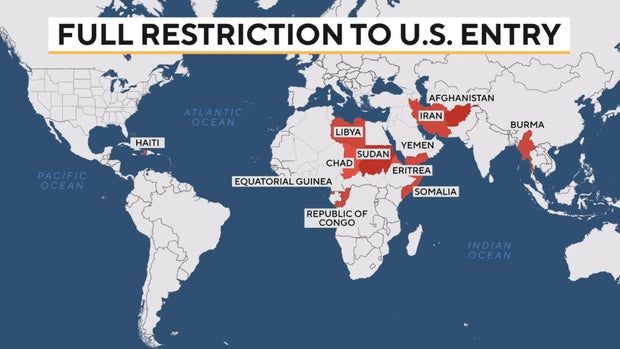 Карта показывает 12 стран, названных в запрете на поездки президента Трампа 