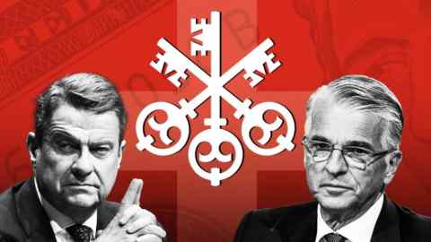 (LR) Colm Colm Kelleher и генеральный директор Sergio Ermotti, логотип UBS и швейцарский флаг с долларами США в фоновом режиме