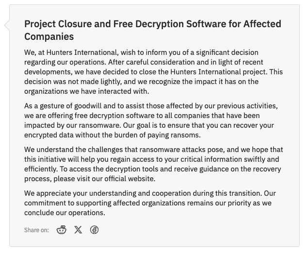 Ransomware Gang Hunters International заявляет, что закрывается