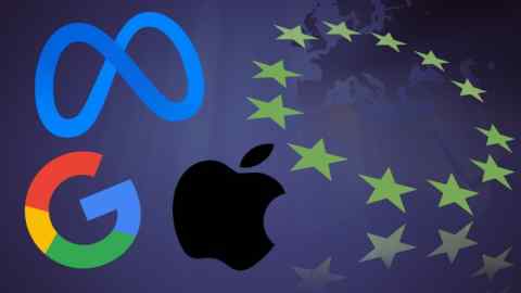 Монтаж звезд флага ЕС и Google, Apple и Meta Logos